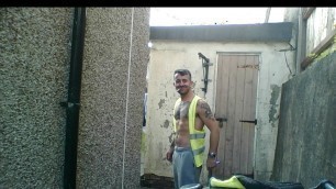 Carl working in his filthy hi vis workwear give us a  nice cum shot in the shower
