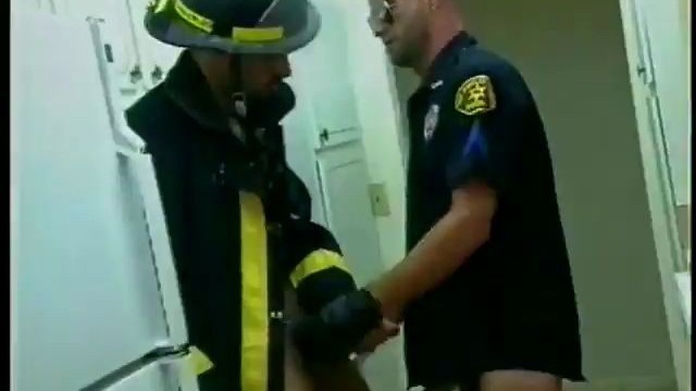 Sexy cop vs hot fireman sucks cock and gets an orgasm